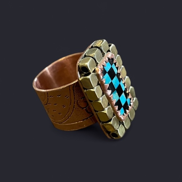 Boutique Jewelry - Turquoise & Onyx Checkerboard Ring – Mixed Metal Statement Ring, Size 7.5